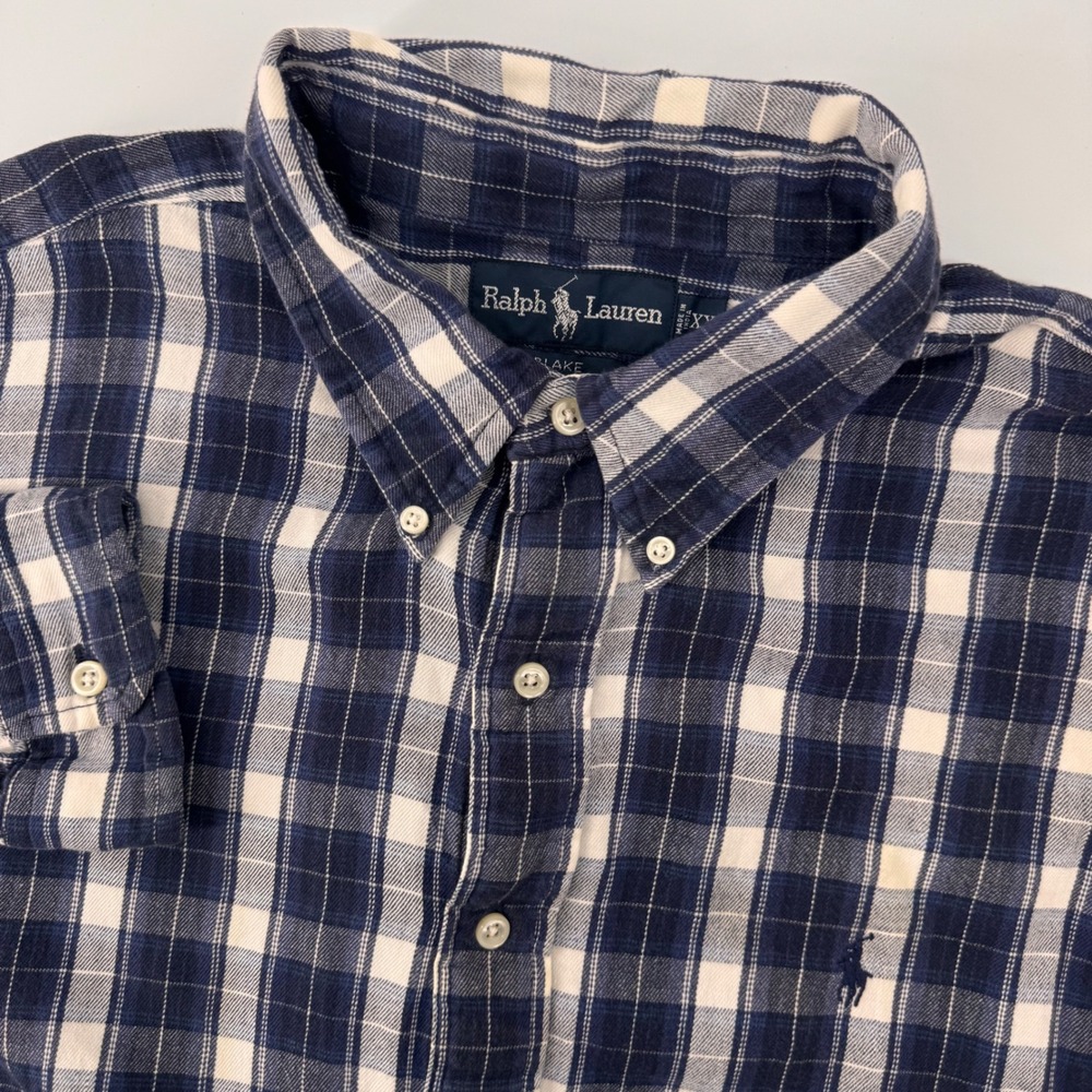 Ralph Lauren Button Down Men XXL Navy White Plaid Cotton Blake Long Sleeve Shirt